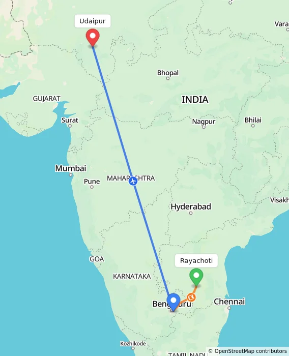 Route map showing distance and travel time from Rayachoti, India to Udaipur, India