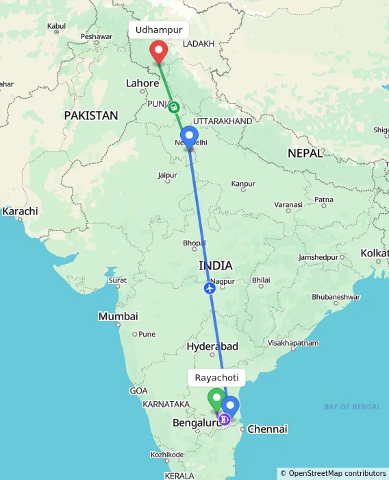 Route map showing distance and travel time from Rayachoti, India to Udhampur, India