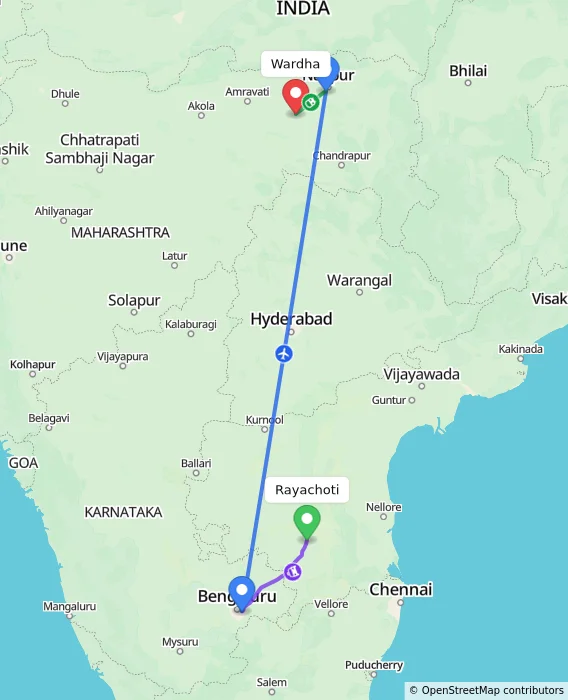 Route map showing distance and travel time from Rayachoti, India to Wardha, India