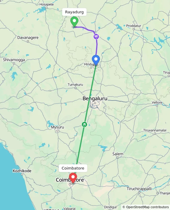 Route map showing distance and travel time from Rayadurg, India to Coimbatore, India