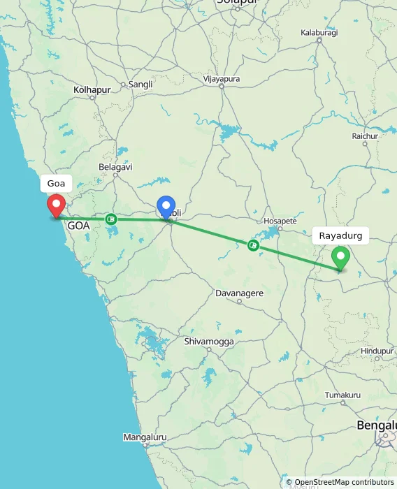 Route map showing distance and travel time from Rayadurg, India to Goa, India