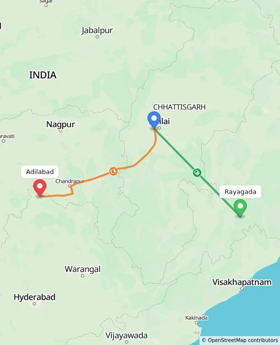 Route map showing distance and travel time from Rayagada, India to Adilabad, India