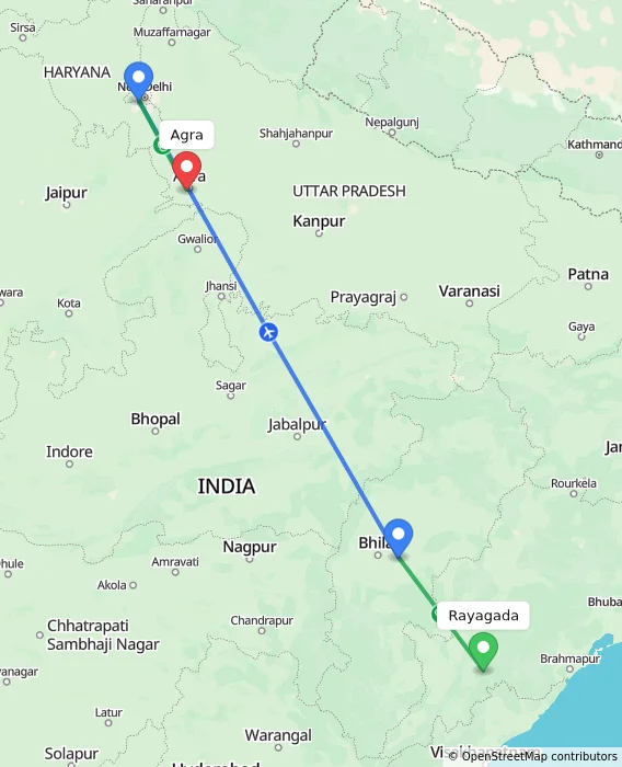 Route map showing distance and travel time from Rayagada, India to Agra, India