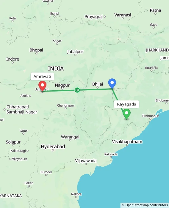 Route map showing distance and travel time from Rayagada, India to Amravati, India