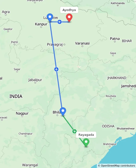 Route map showing distance and travel time from Rayagada, India to Ayodhya, India
