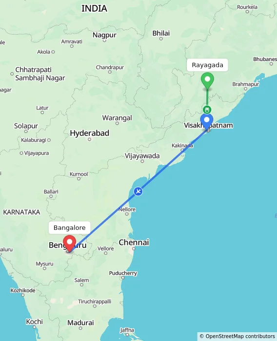 Route map showing distance and travel time from Rayagada, India to Bangalore, India