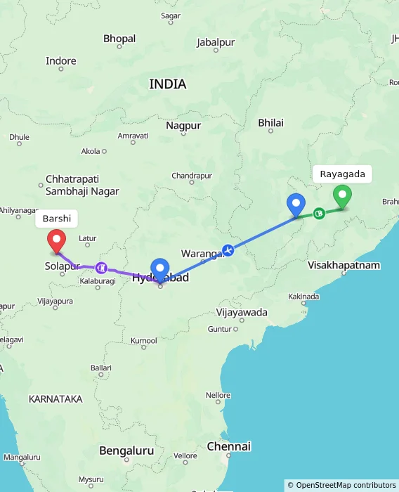 Route map showing distance and travel time from Rayagada, India to Barshi, India