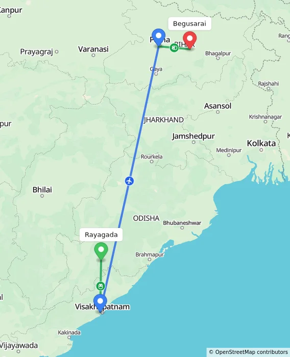 Route map showing distance and travel time from Rayagada, India to Begusarai, India