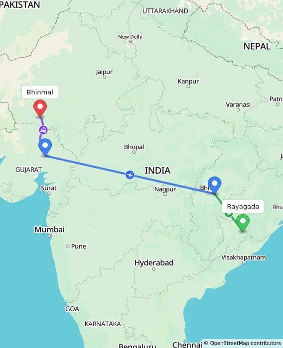 Route map showing distance and travel time from Rayagada, India to Bhinmal, India