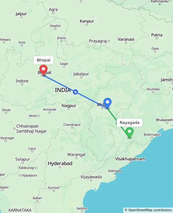 Route map showing distance and travel time from Rayagada, India to Bhopal, India