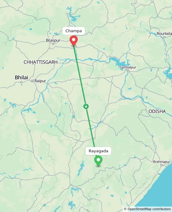 Route map showing distance and travel time from Rayagada, India to Champa, India