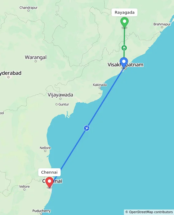 Route map showing distance and travel time from Rayagada, India to Chennai, India