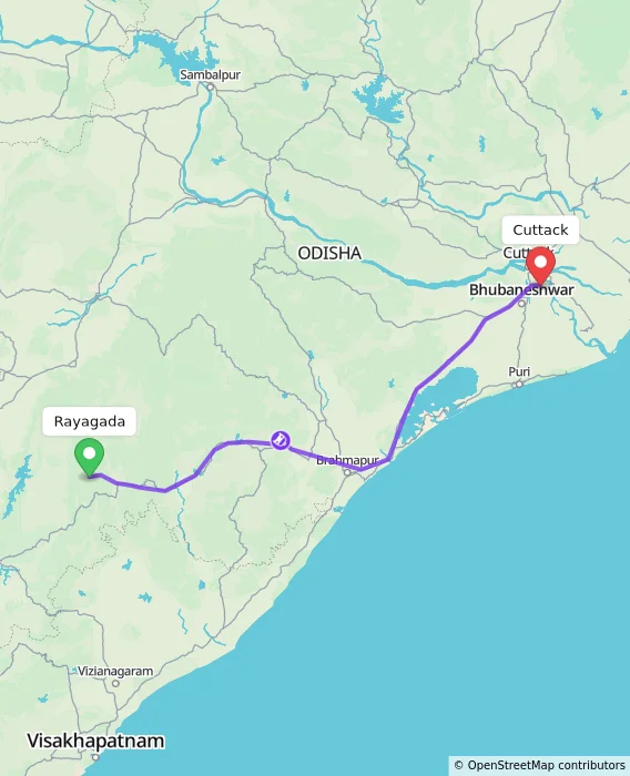 Route map showing distance and travel time from Rayagada, India to Cuttack, India