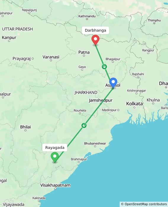 Route map showing distance and travel time from Rayagada, India to Darbhanga, India