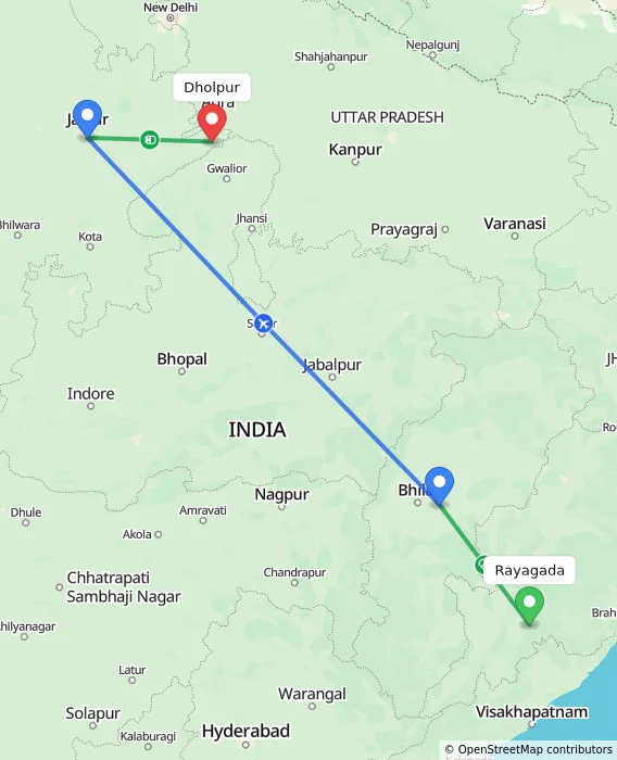 Route map showing distance and travel time from Rayagada, India to Dholpur, India