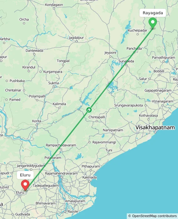 Route map showing distance and travel time from Rayagada, India to Eluru, India