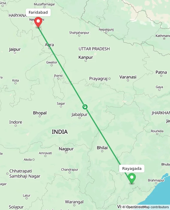 Route map showing distance and travel time from Rayagada, India to Faridabad, India