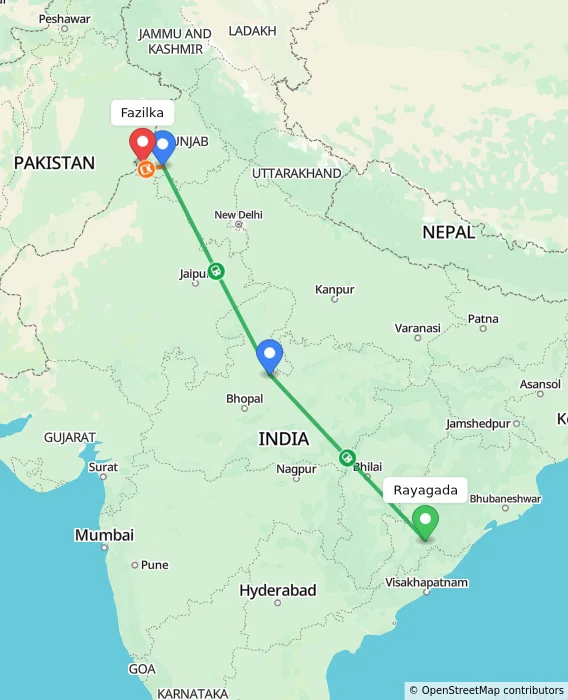 Route map showing distance and travel time from Rayagada, India to Fazilka, India