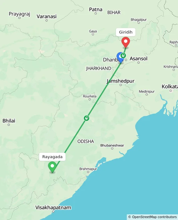 Route map showing distance and travel time from Rayagada, India to Giridih, India