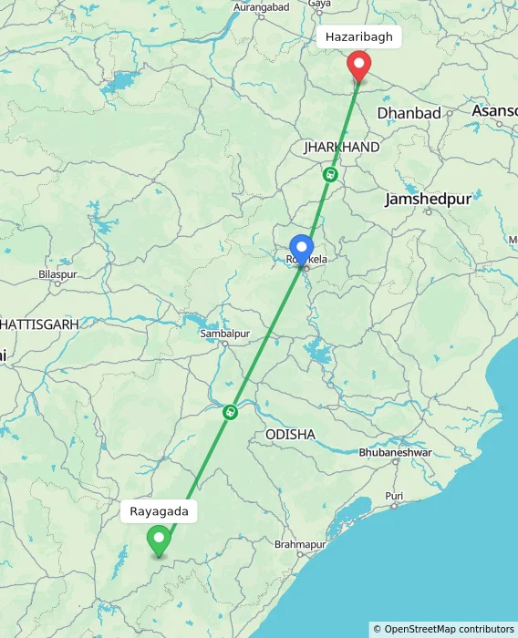 Route map showing distance and travel time from Rayagada, India to Hazaribagh, India
