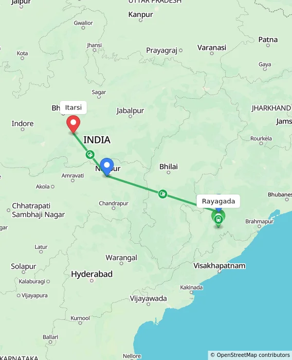 Route map showing distance and travel time from Rayagada, India to Itarsi, India
