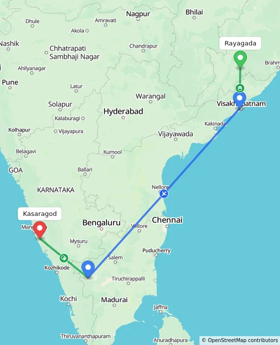 Route map showing distance and travel time from Rayagada, India to Kasaragod, India