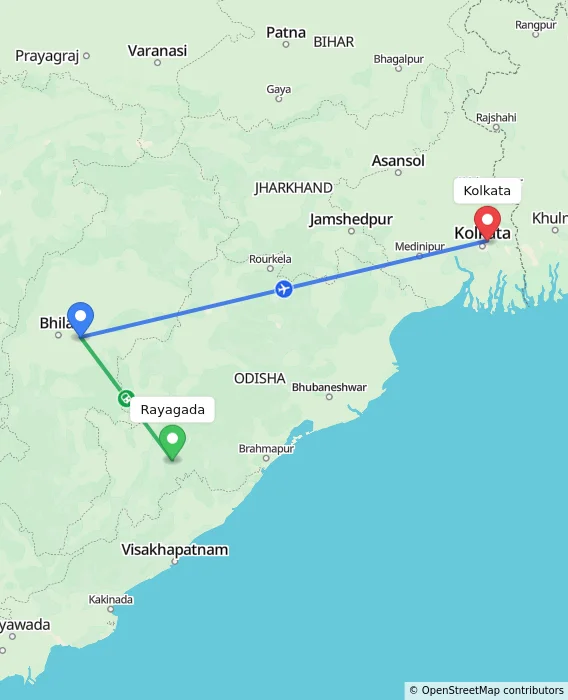Route map showing distance and travel time from Rayagada, India to Kolkata, India