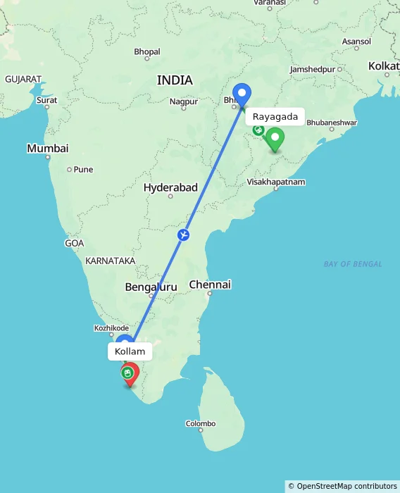 Route map showing distance and travel time from Rayagada, India to Kollam, India