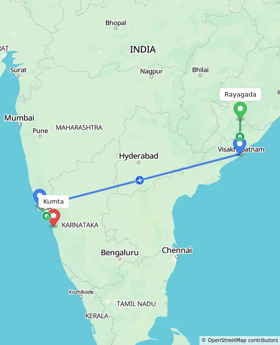 Route map showing distance and travel time from Rayagada, India to Kumta, India