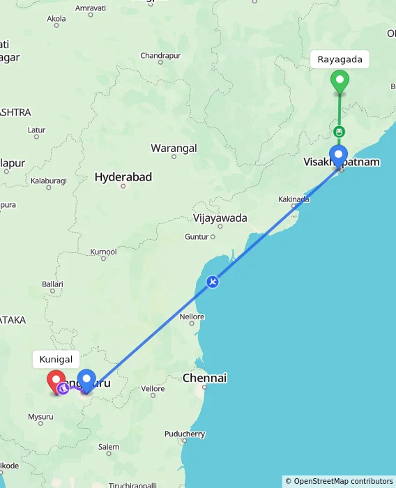 Route map showing distance and travel time from Rayagada, India to Kunigal, India