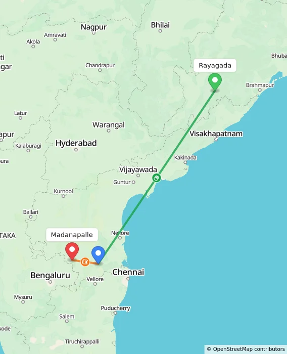 Route map showing distance and travel time from Rayagada, India to Madanapalle, India