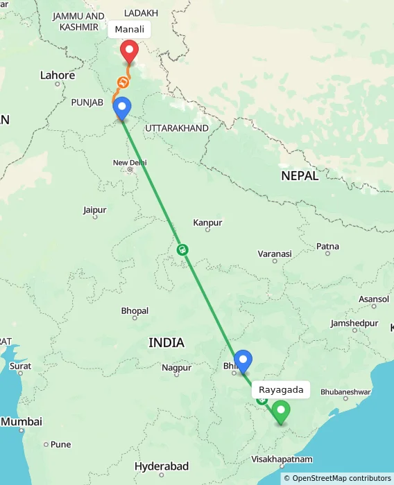 Route map showing distance and travel time from Rayagada, India to Manali, India