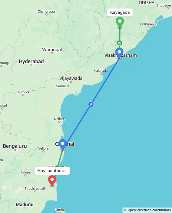 Route map showing distance and travel time from Rayagada, India to Mayiladuthurai, India