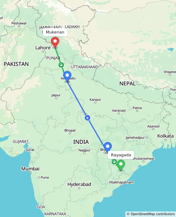 Route map showing distance and travel time from Rayagada, India to Mukerian, India