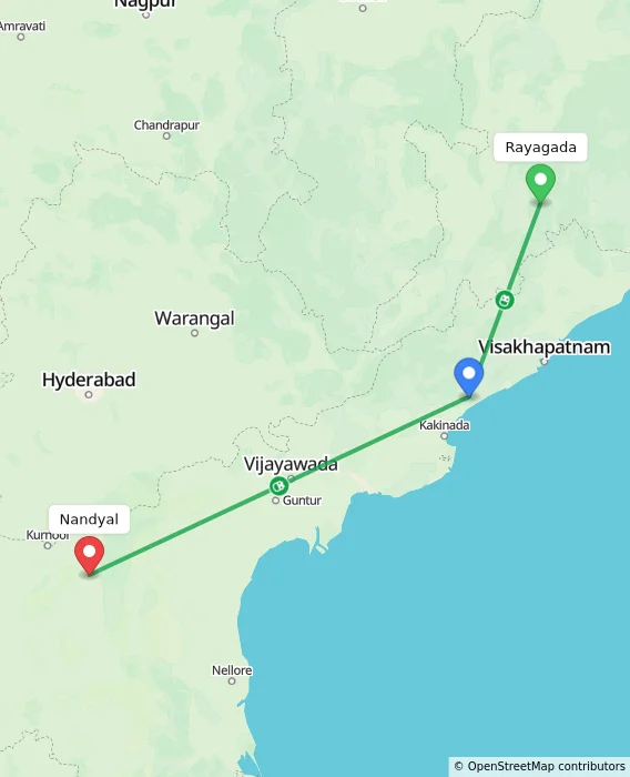 Route map showing distance and travel time from Rayagada, India to Nandyal, India