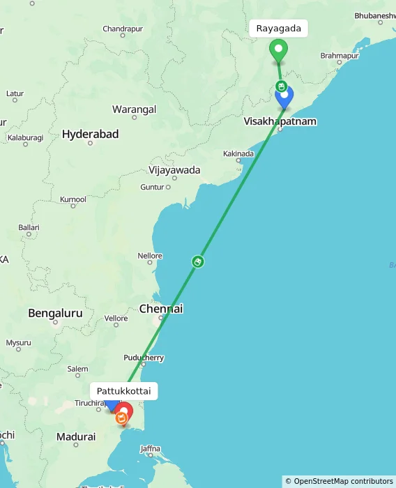 Route map showing distance and travel time from Rayagada, India to Pattukkottai, India