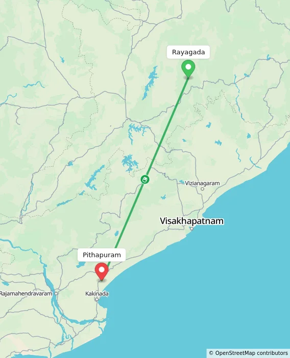 Route map showing distance and travel time from Rayagada, India to Pithapuram, India