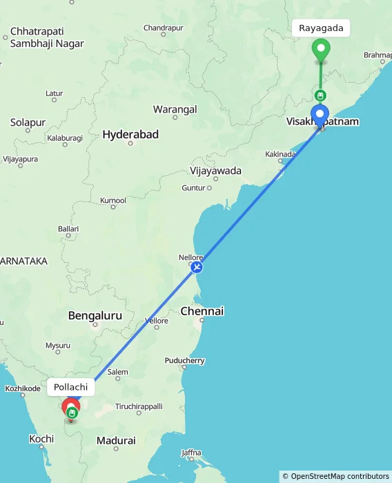 Route map showing distance and travel time from Rayagada, India to Pollachi, India