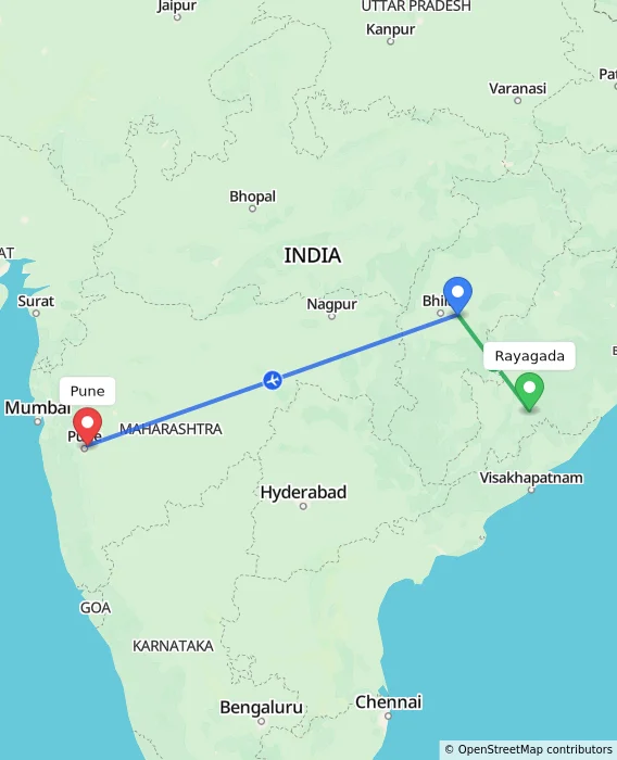 Route map showing distance and travel time from Rayagada, India to Pune, India