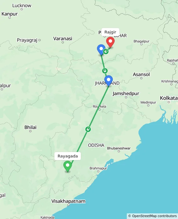 Route map showing distance and travel time from Rayagada, India to Rajgir, India
