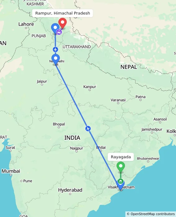 Route map showing distance and travel time from Rayagada, India to Rampur, Himachal Pradesh, India