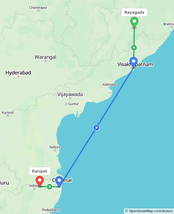 Route map showing distance and travel time from Rayagada, India to Ranipet, India