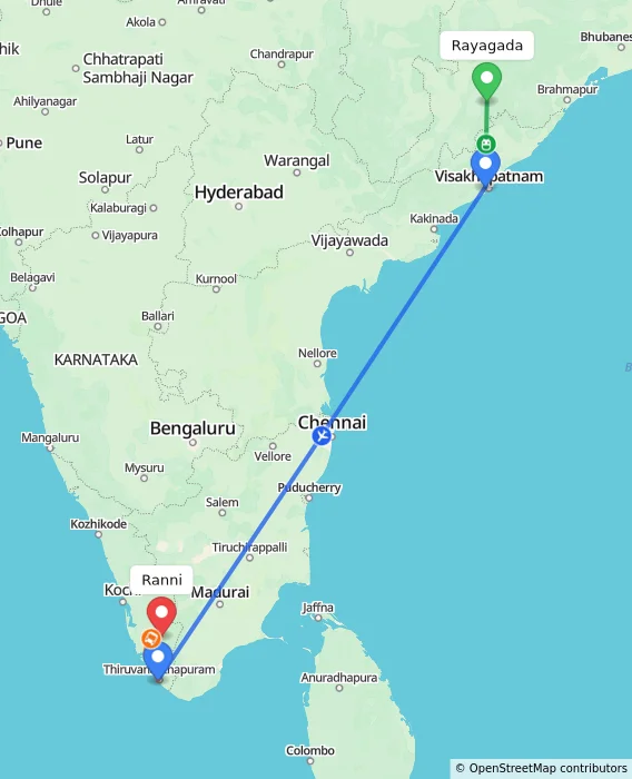 Route map showing distance and travel time from Rayagada, India to Ranni, India