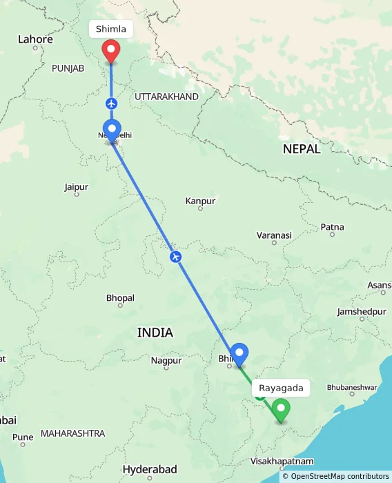 Route map showing distance and travel time from Rayagada, India to Shimla, India