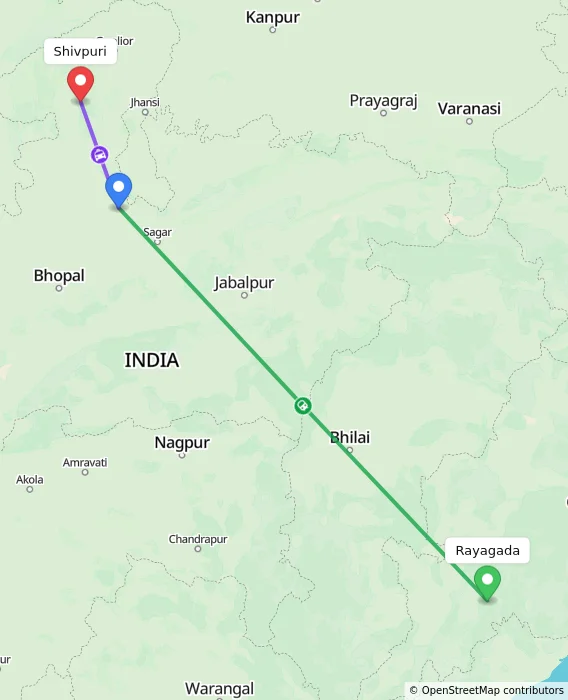 Route map showing distance and travel time from Rayagada, India to Shivpuri, India