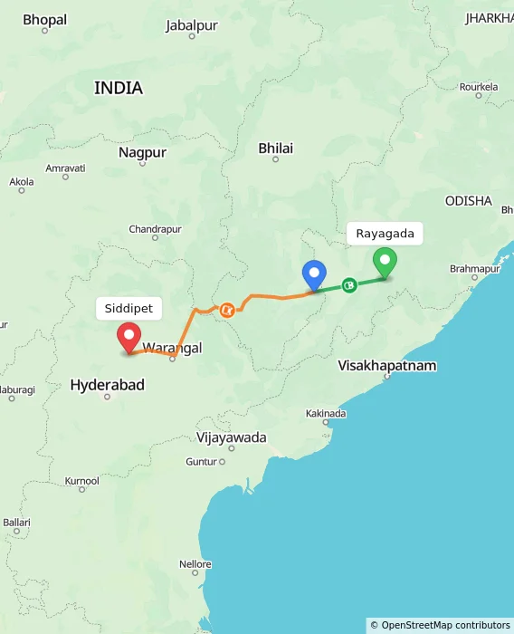 Route map showing distance and travel time from Rayagada, India to Siddipet, India