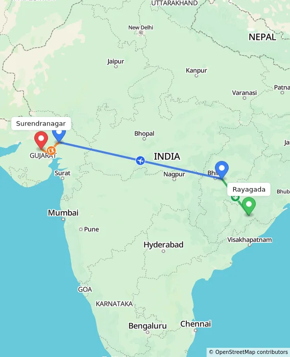 Route map showing distance and travel time from Rayagada, India to Surendranagar, India