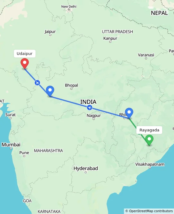 Route map showing distance and travel time from Rayagada, India to Udaipur, India