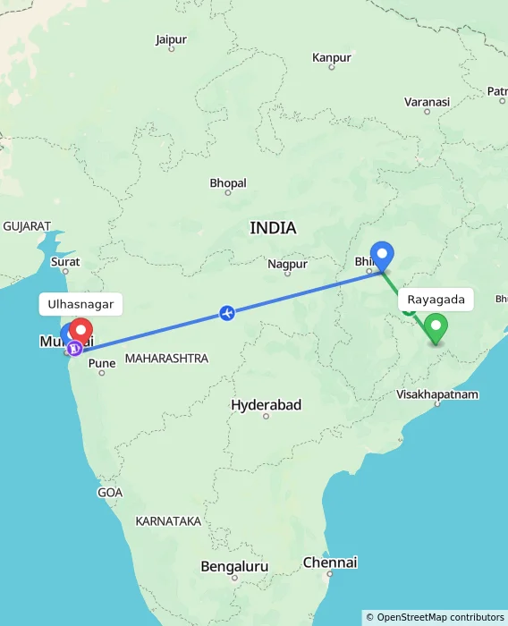 Route map showing distance and travel time from Rayagada, India to Ulhasnagar, India