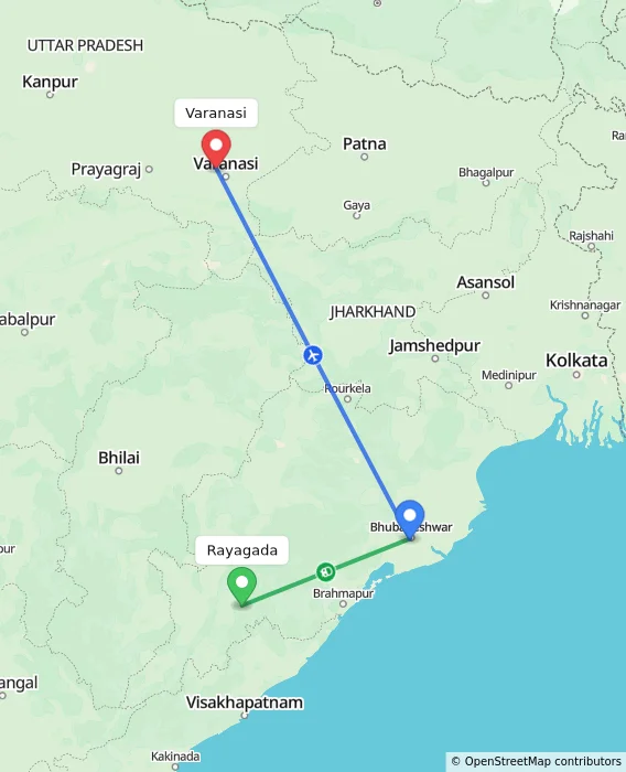 Route map showing distance and travel time from Rayagada, India to Varanasi, India